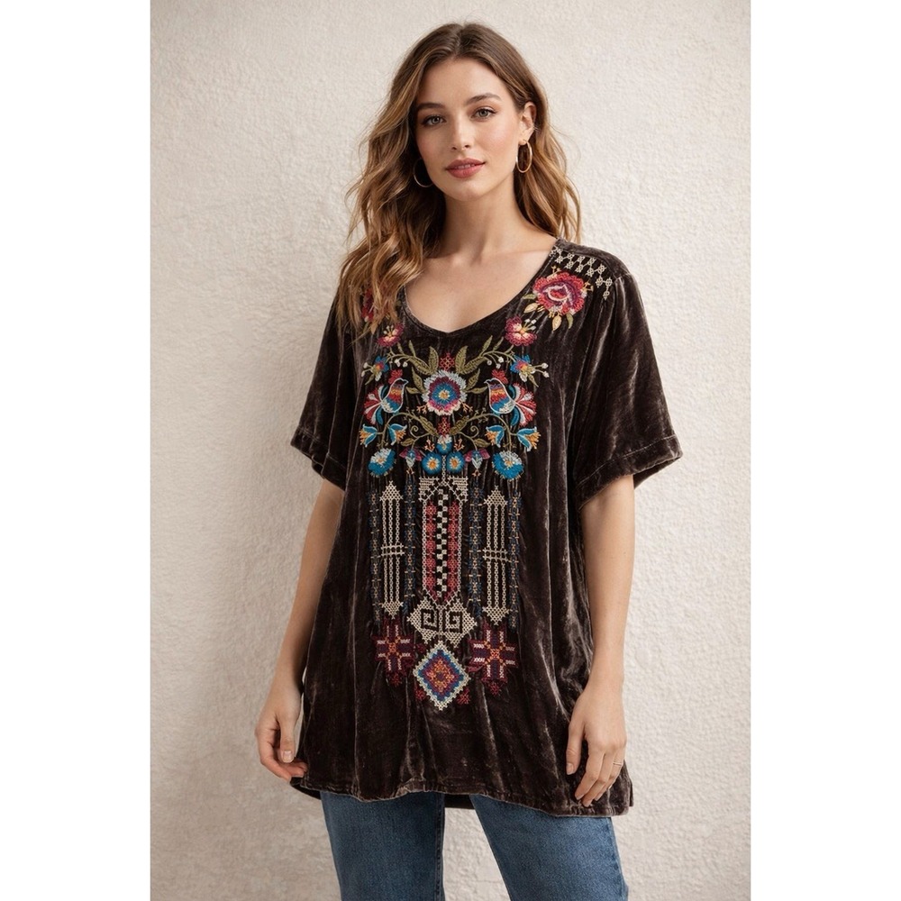 Johnny Was Velvet Embroidered Boho Tunic XL Floral Bird Silk Blend nwot